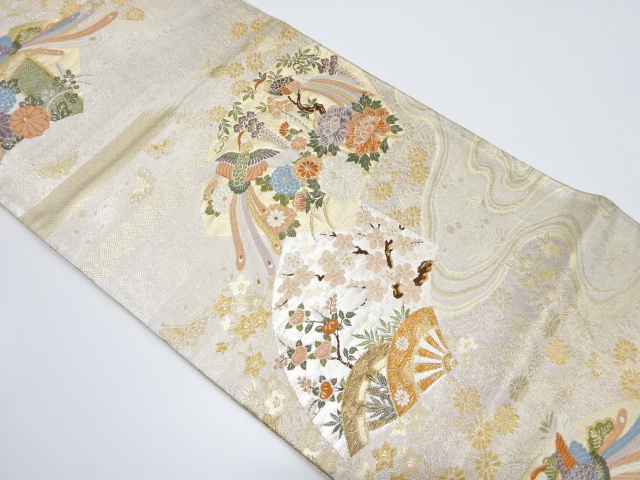 地紙に枝梅・花鳥模様織り出し袋帯